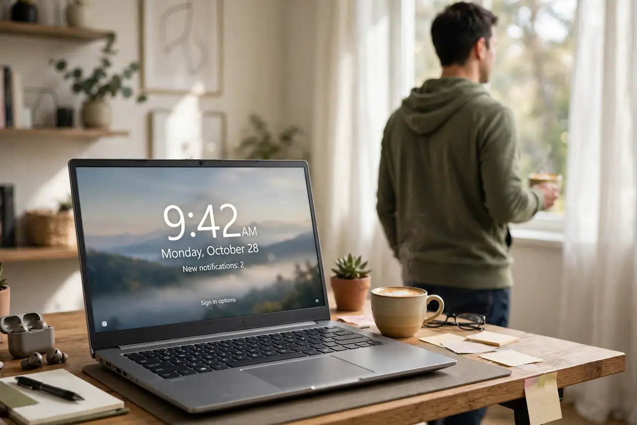 a person walking away from a real Windows laptop on a desk, the screen showing the lock screen with a legible clock, a coffee cup in the person's hand, home office.