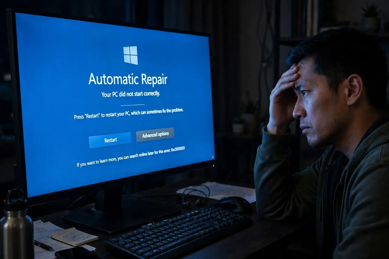 A person staring at a real desktop monitor stuck on the blue Automatic Repair screen with legible text, rubbing their