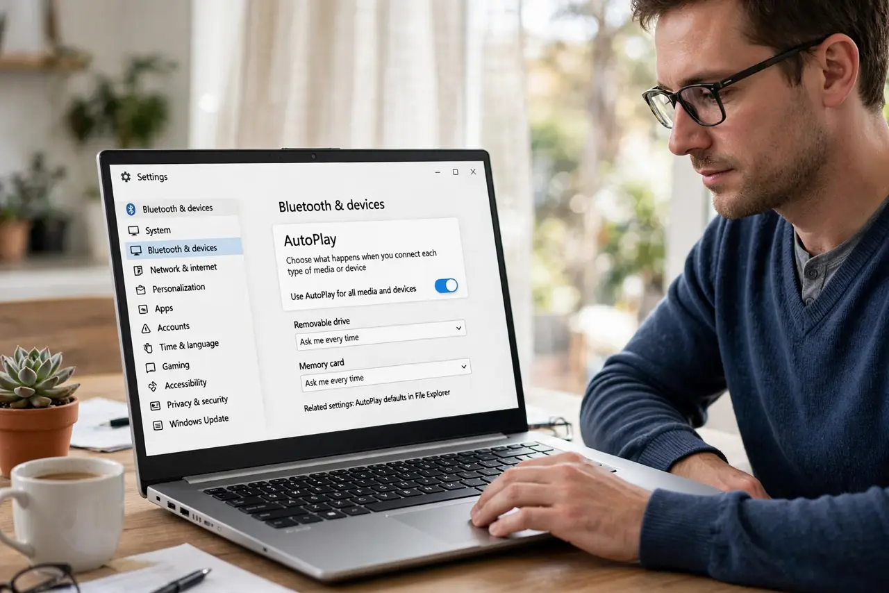 A person calmly performing the guide's first step: Open AutoPlay settings.