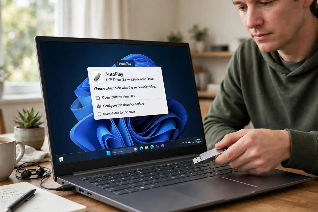 a person plugging a real USB flash drive into a real Windows laptop, the AutoPlay notification visible on screen, the person's face neutral, home office. No black screen, no blank .