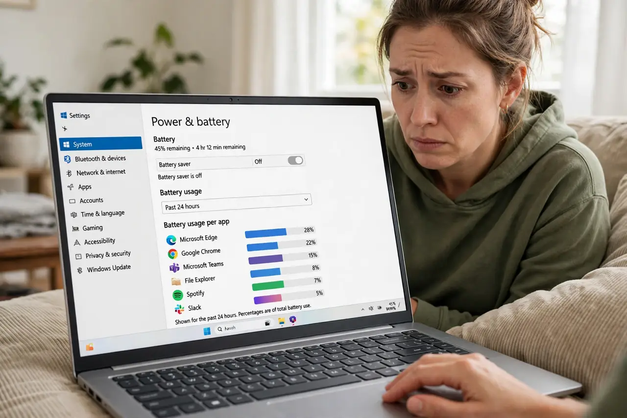 A person checking battery settings on a real Windows laptop with the battery usage per app list fully legible, the person's face concerned, unplugged on a couch.