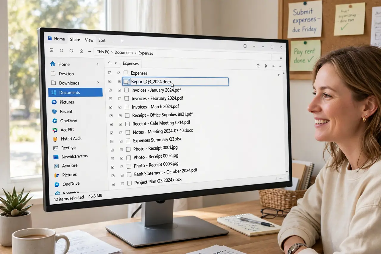 A person selecting many files in a real Windows File Explorer window with the rename box active on the first file and
