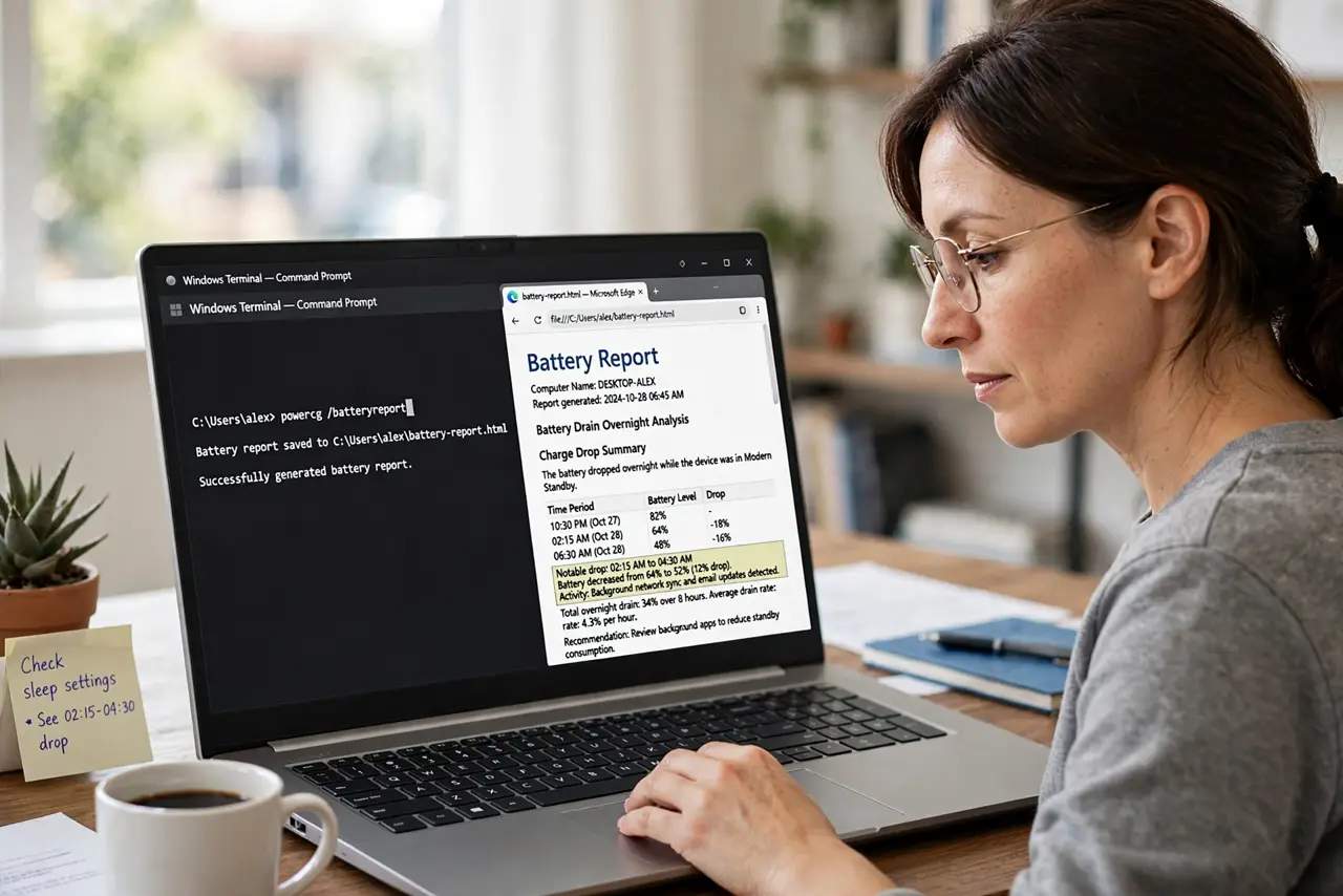A person performing step 1 of the guide: Generate a battery report. Open a terminal and run powercfg /batteryreport, then open the HTML report. It shows exactly when the charge d...