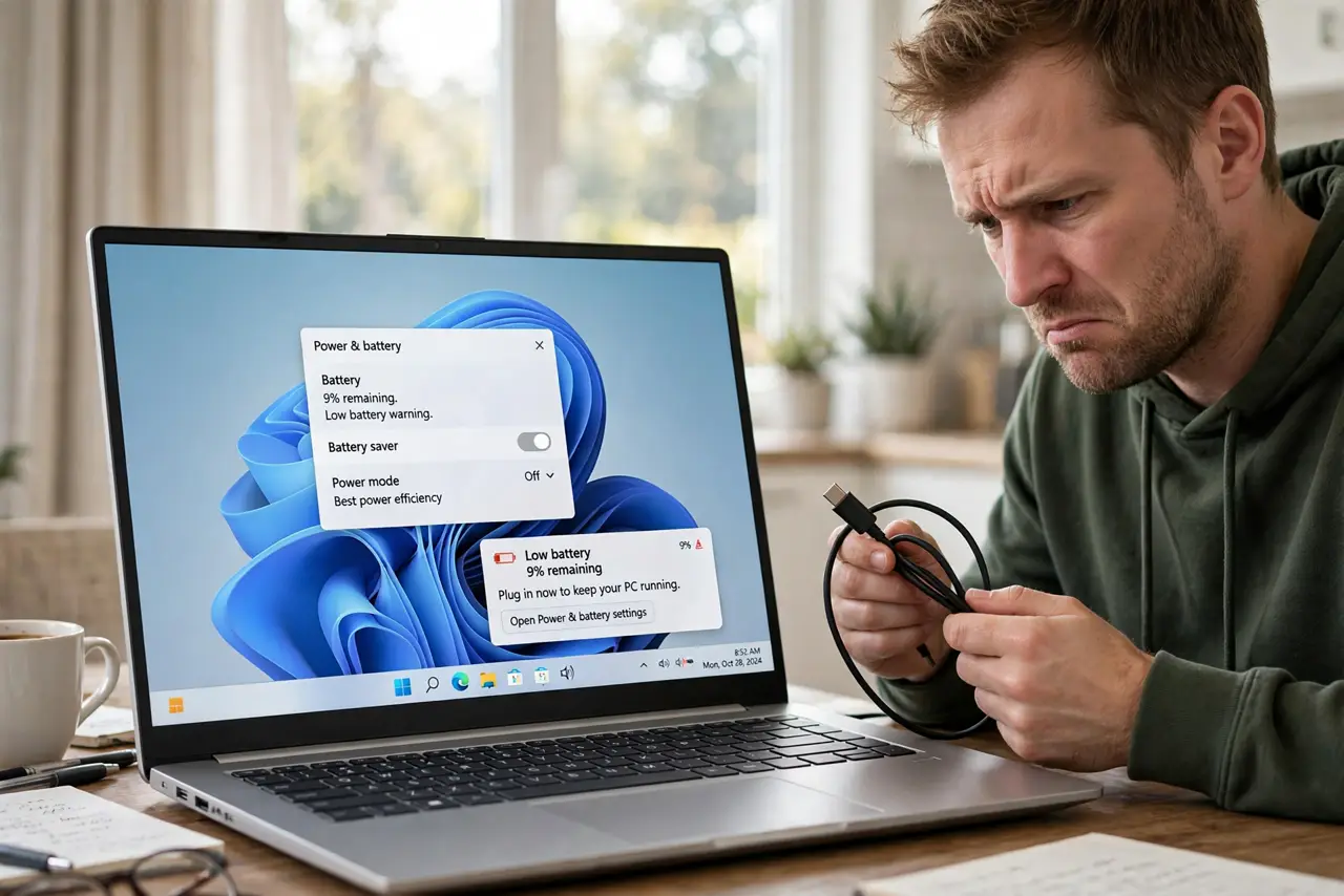 a frustrated adult in the morning looking at a real Windows laptop showing low battery with fully legible text, the person holding the power cable.