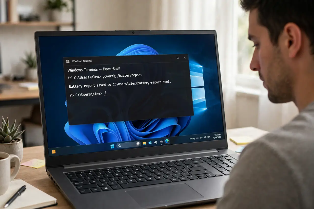 Photoreal photo of a person performing the first step: Generate the report. Open Terminal (or Command Prompt) and type powercfg /batteryreport, then E