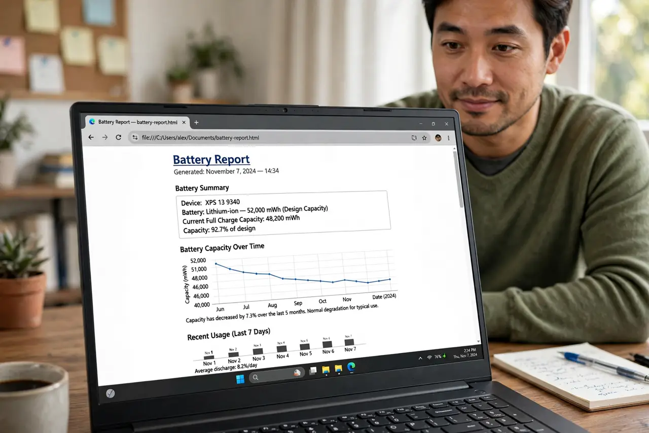 Photoreal photo: a person viewing a real battery report HTML page in a real browser with legible battery capacity graphs, the person's face curious, home office with laptop. No black screen, no blank white screen, no fake or garbled s