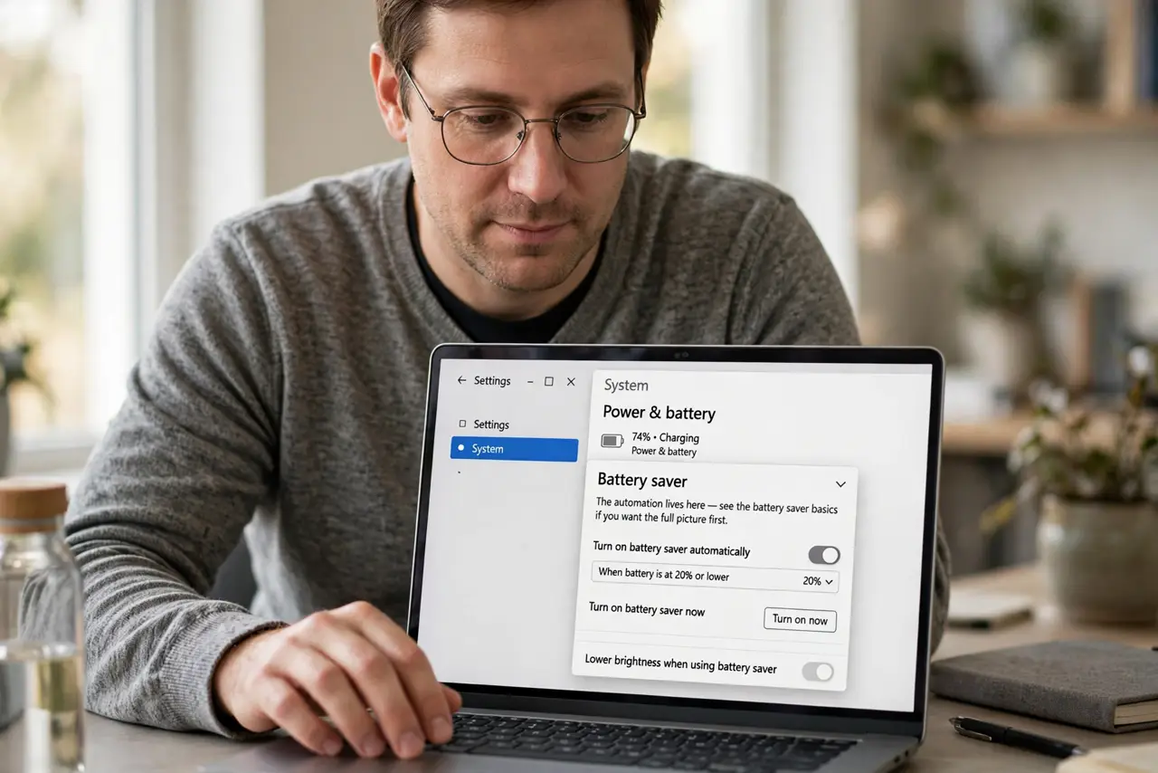 A person performing the first step of the guide: Open Power and battery.