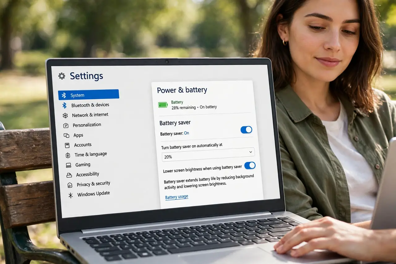 a person using a real Windows laptop on battery at a park bench, the battery saver settings page open and legible on screen, the person's face relaxed, daytime.