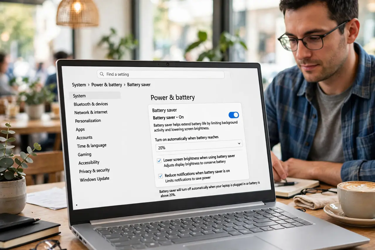 Photoreal photo of a person performing the first step: Know what Battery Saver changes. It lowers screen brightness, restricts background apps and syn