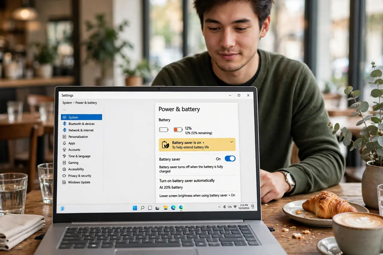 Photoreal photo: a person checking a real Windows laptop showing the legible battery saver notification and settings, battery icon low, the person's face calm, cafe table. No black screen, no blank white screen, no fake or garbled scr