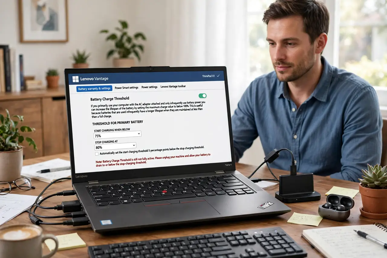 a person at a real desk with a Windows laptop plugged into a dock, the screen showing the legible battery threshold setting at 80 percent, the person's face calm, home office.
