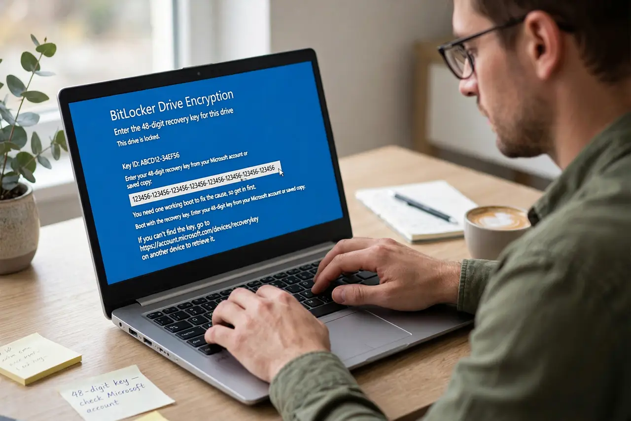 A person performing step 1 of the guide: Boot with the recovery key. Enter your 48-digit key from your Microsoft account or saved copy. You need one working boot to fix the cause...