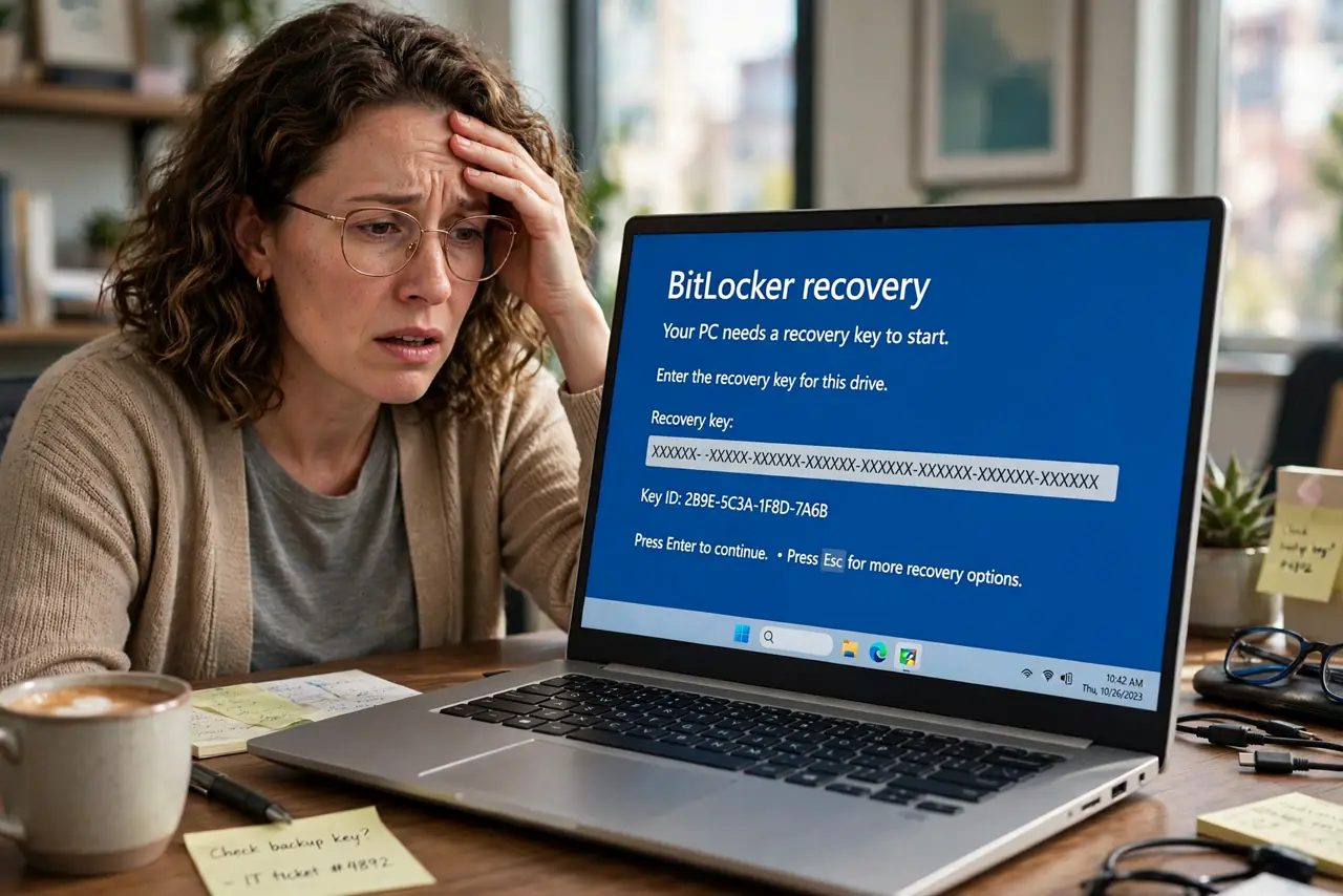 a real person at a desk starting a Windows PC, the blue BitLocker recovery screen appearing again on the real monitor with fully legible key prompt text, the person looking exasperated.