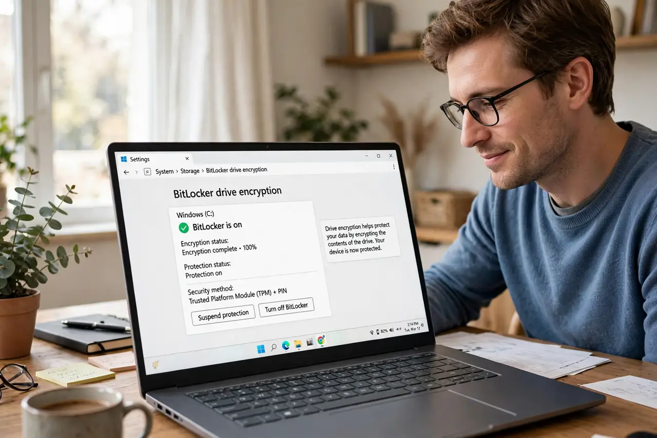 A calm person looking at a real Windows laptop showing BitLocker settings with legible encryption status, the person's face reassured, home office.