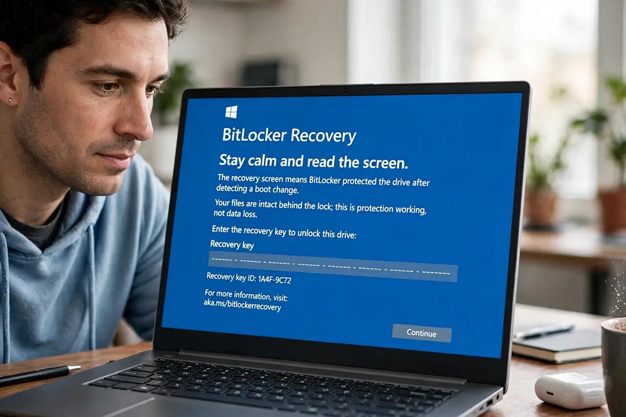 A person performing step 1 of the guide: Stay calm and read the screen. The recovery screen means BitLocker protected the drive after detecting a boot change. Your files are inta...