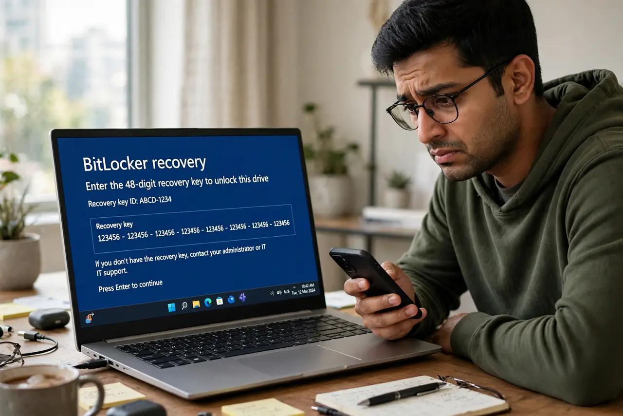 a real person at a desk looking at a blue BitLocker recovery screen on a real monitor, the 48-digit key prompt fully legible, the person looking worried but calm, a phone in hand.