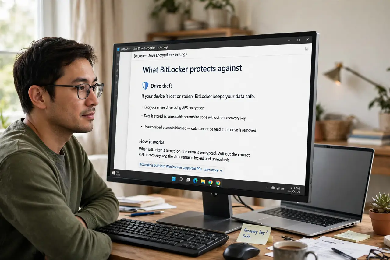 A person performing the first step: Understand what it protects against. BitLocker defeats drive theft: remove the.