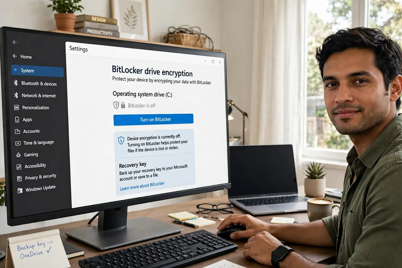 A person toggling BitLocker settings on a real Windows desktop screen showing the Manage BitLocker page legibly, a
