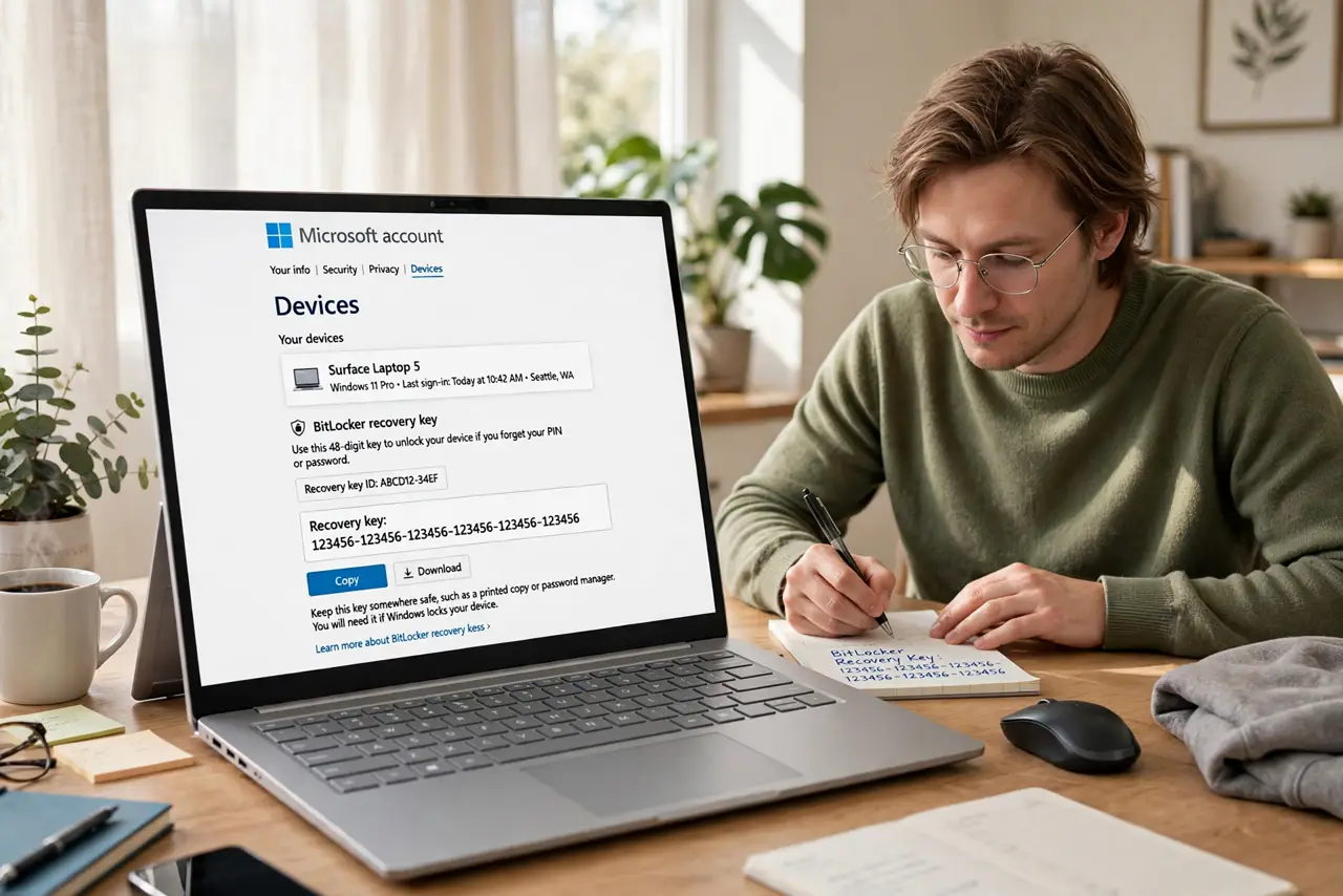 Photoreal photo of a person performing the first step: Find your recovery key. Sign into your Microsoft Account on another device and check Devices...