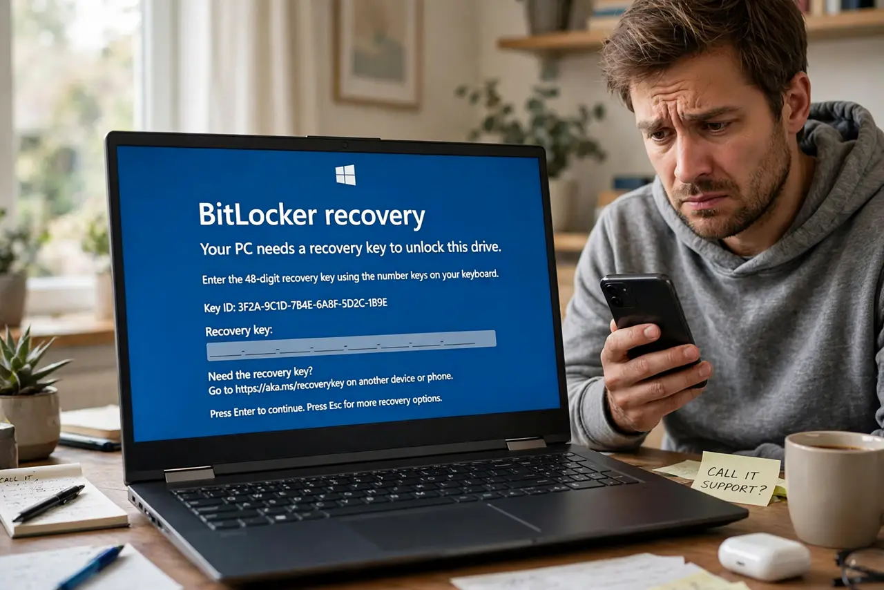 Photoreal photo: a person looking frustrated at a real PC showing the blue BitLocker recovery screen with legible text, holding a phone, the person's face worried, home office. No black screen, no blank white scree...