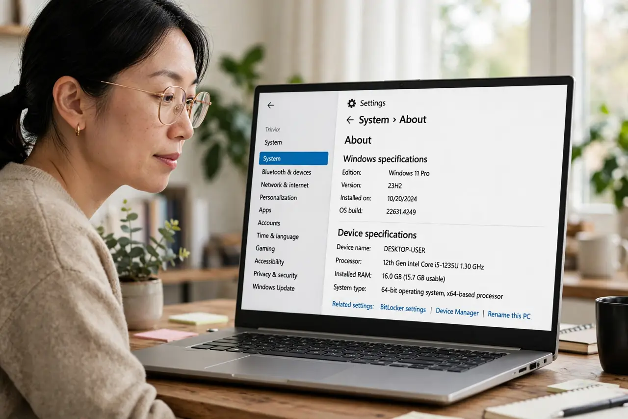 Photoreal photo of a person performing the first step: Check your Windows edition. BitLocker needs Windows Pro, Enterprise, or Education — Home edi...