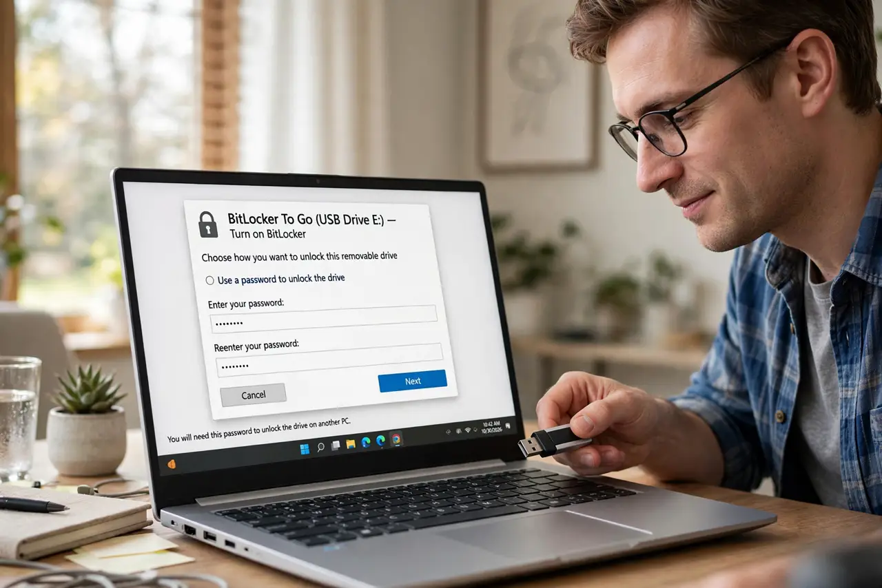 Photoreal photo: a person inserting a real USB flash drive into a real PC with the BitLocker setup screen visible and legible on the monitor, the person's face focused, home office. No black screen, no blank white ...