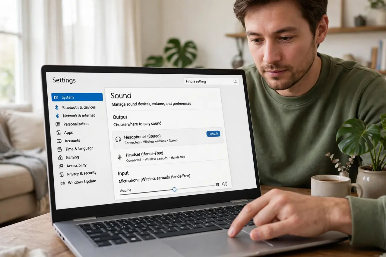 A person performing the first step: Check you are on the stereo profile. In Sound settings, your earbuds may list.