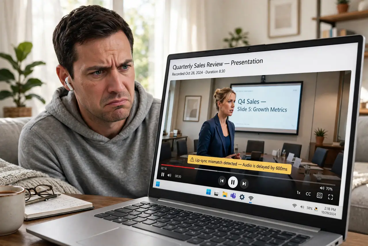 A person wearing real wireless earbuds watching a video on a real Windows laptop with legible video controls on screen,