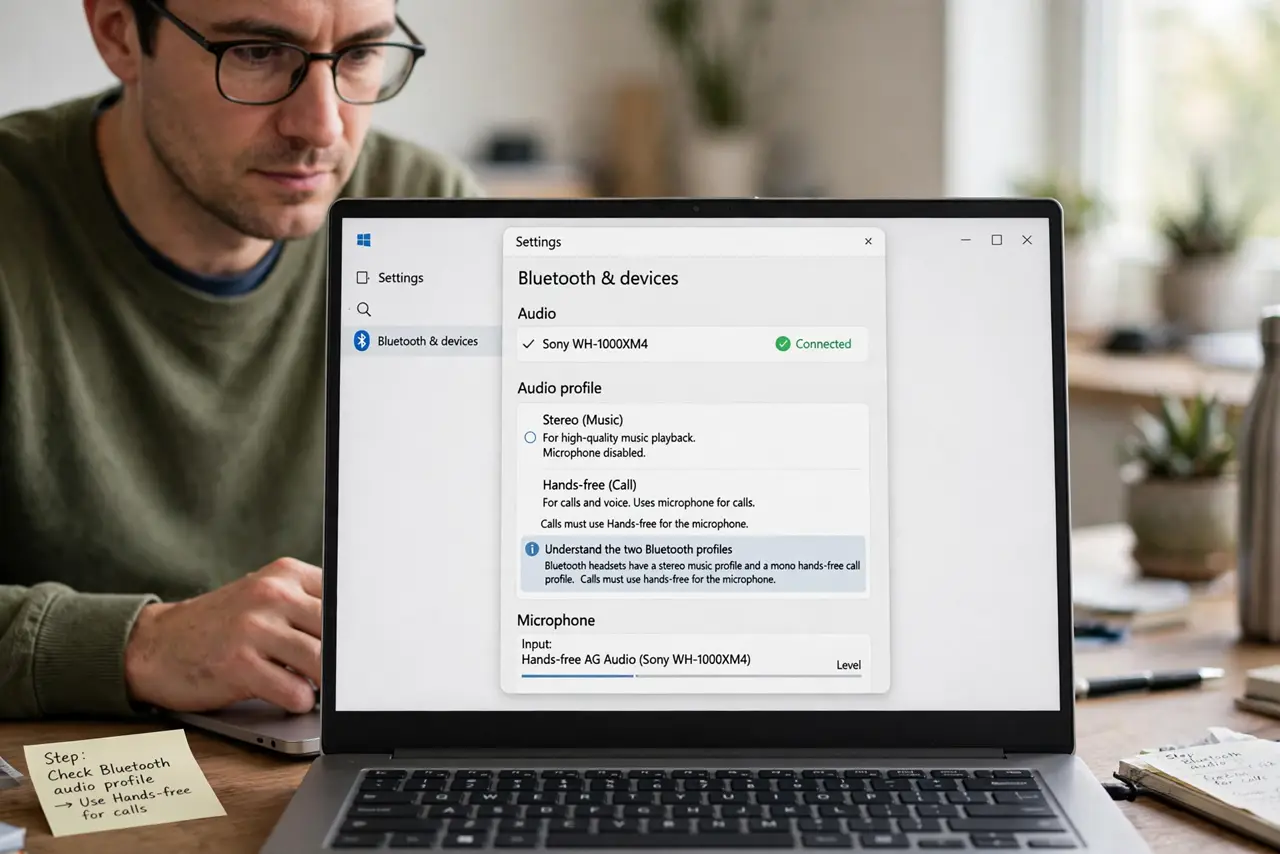 A person performing step 1 of the guide: Understand the two Bluetooth profiles. Bluetooth headsets have a stereo music profile and a mono hands-free call profile. Calls must use ...