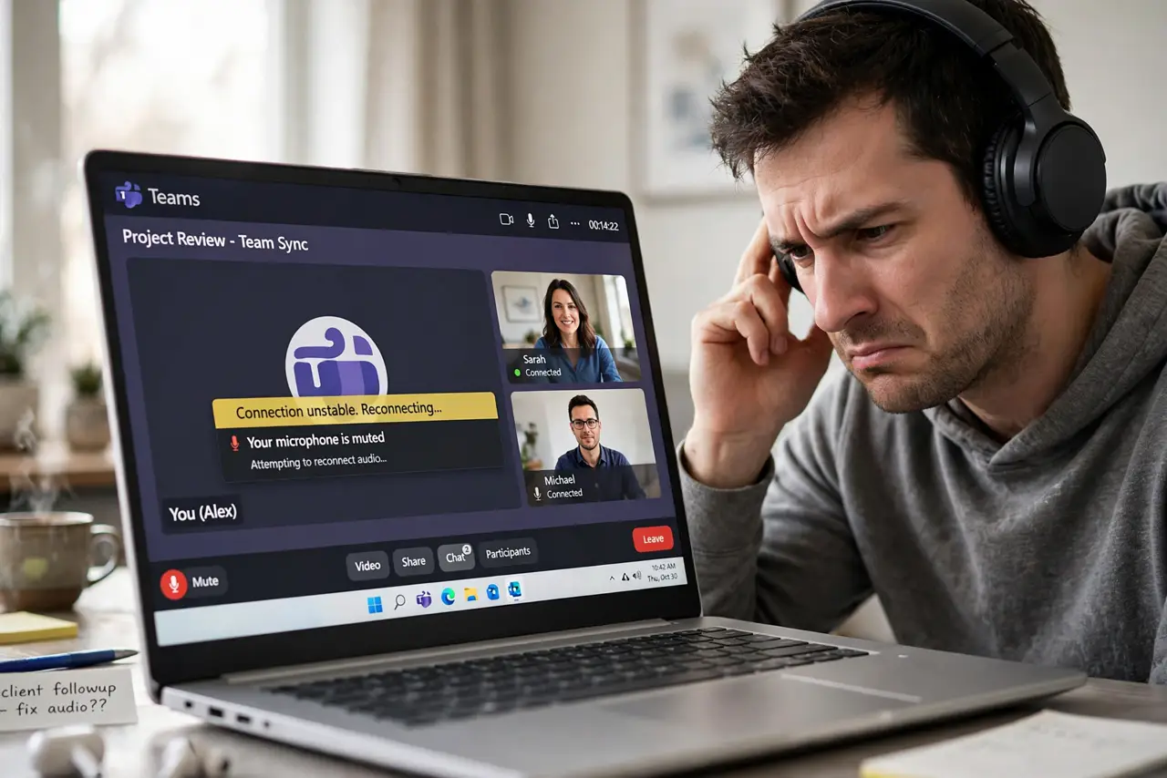a frustrated adult wearing real Bluetooth headphones on a video call, the laptop screen showing the call with fully legible text, the person tapping the headphone in annoyance.