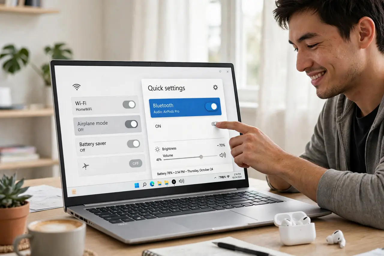 a person tapping the Bluetooth tile in real Windows Quick Settings with a legible on-off toggle, wireless earbuds on the desk, the person's face pleased, bright room.