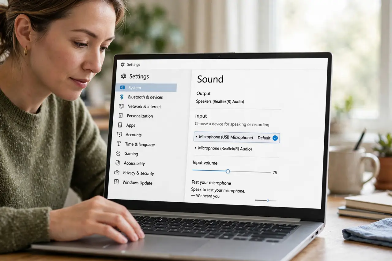 A person performing the first step: Open Sound input settings. Go to Settings > System > Sound and find the Input.