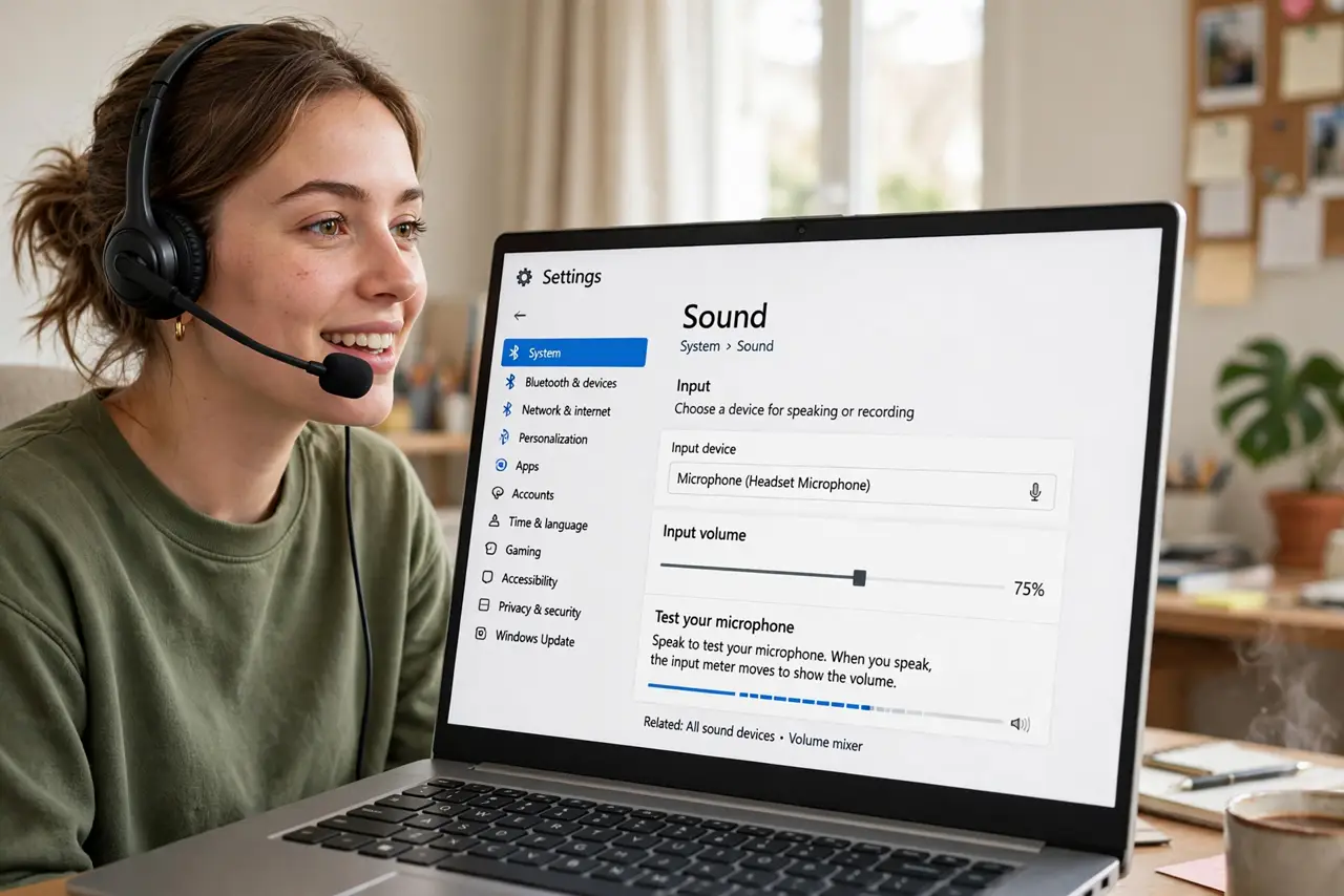 A person speaking into a real headset microphone while the Windows Sound input settings with a legible volume slider