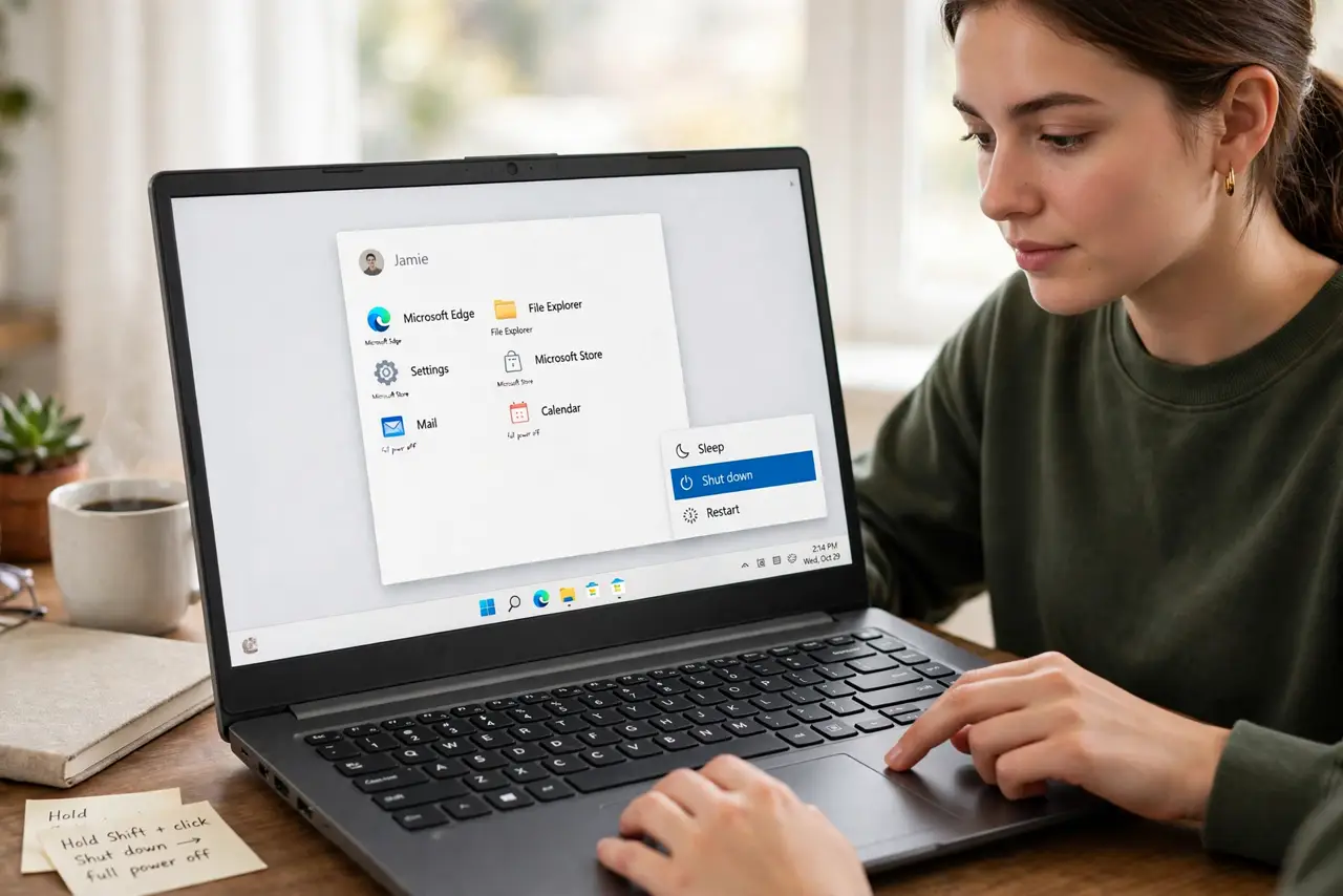A person performing the first step of the guide: Shut down fully first. Do a full shutdown, not sleep or hibernate — fast startup can skip the key window.