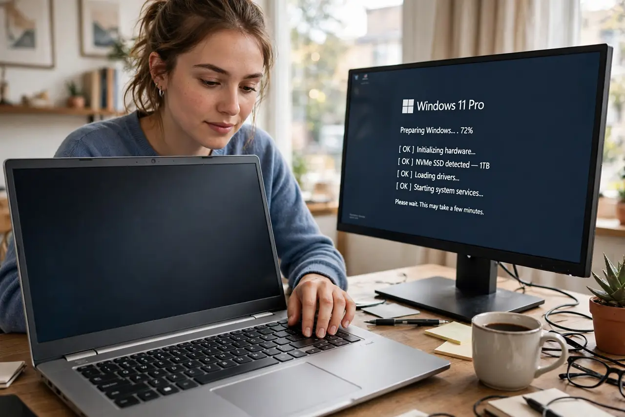 A person pressing keys on a laptop keyboard while a PC monitor shows a boot screen with startup text, home desk setup. No black screen, no blank.