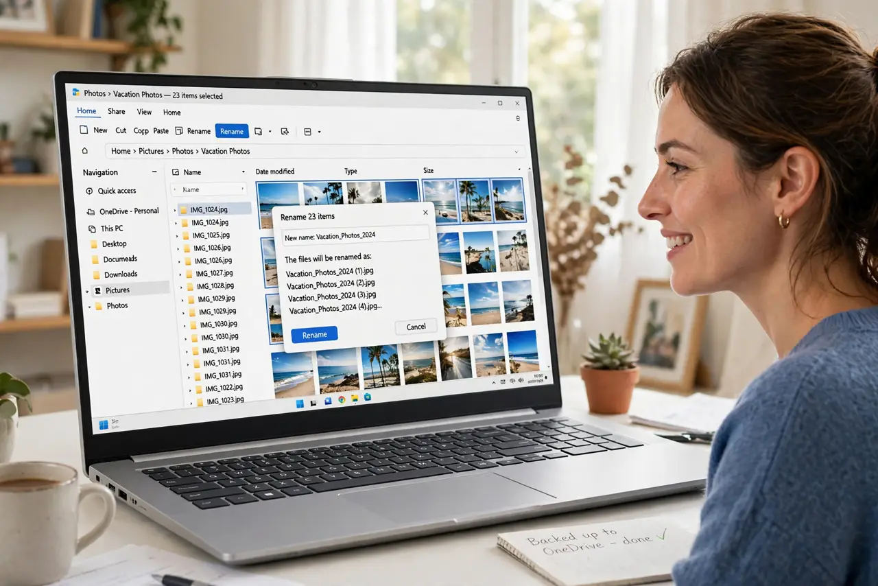 a person using a real Windows laptop showing File Explorer with many selected photos being renamed in bulk, the rename box showing a new base name, the person's face relieved, brig.