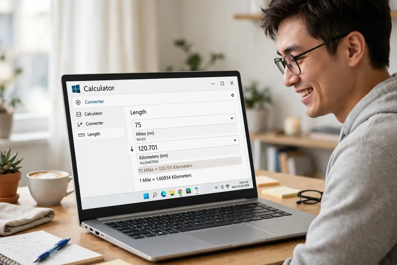 a person looking at the real Windows Calculator app in converter mode showing a legible miles-to-km conversion, the person's face pleased, bright desk. No black screen, no blank wh.