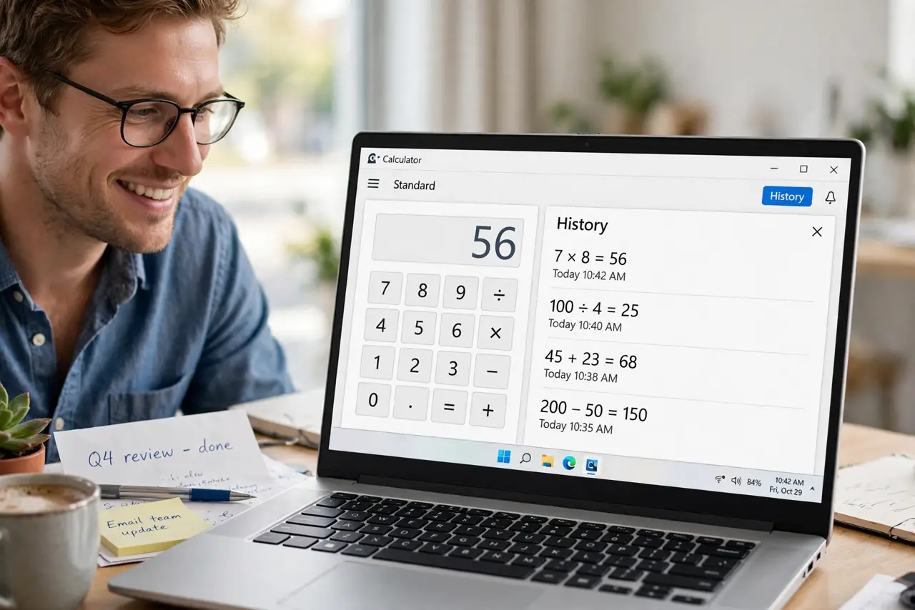 a person looking at the real Windows Calculator app showing the history panel with legible past calculations, the person's face pleased, bright desk. No black screen, no blank whit.