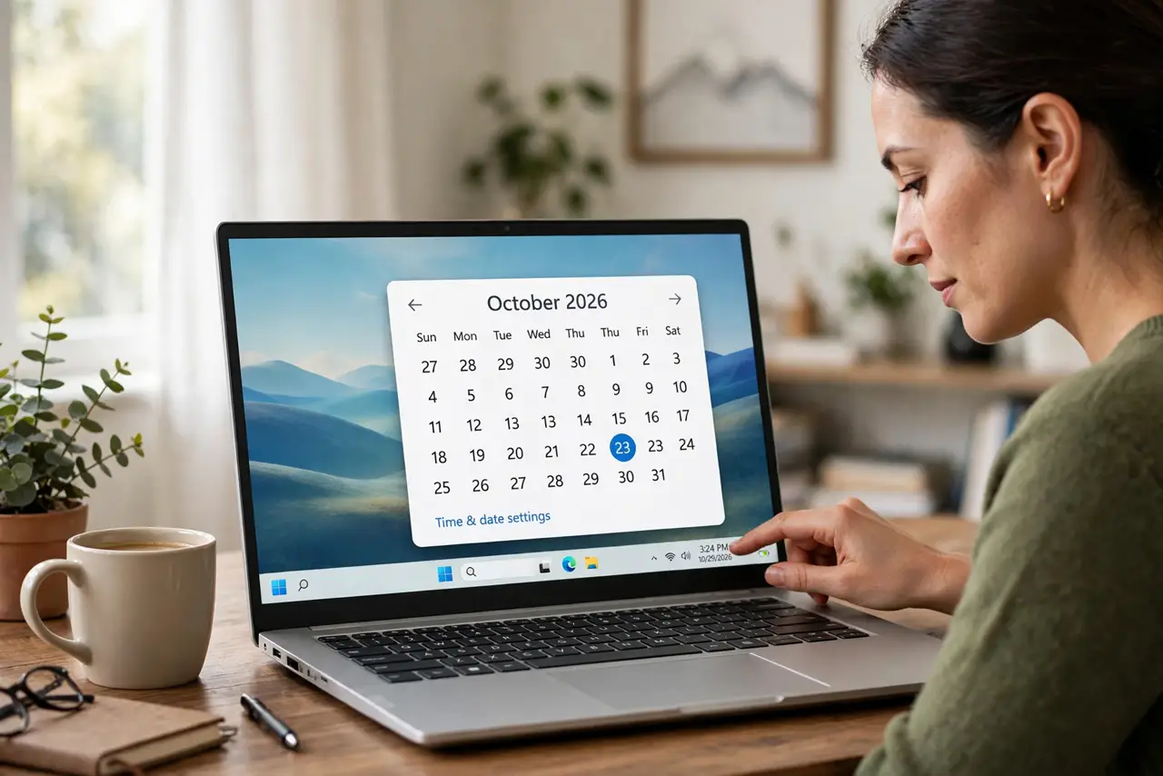 Photoreal photo of a person performing the first step: Open it with a click. Click the date and time at the bottom-right of the taskbar. The flyout shows the current month and any events from your connecte...