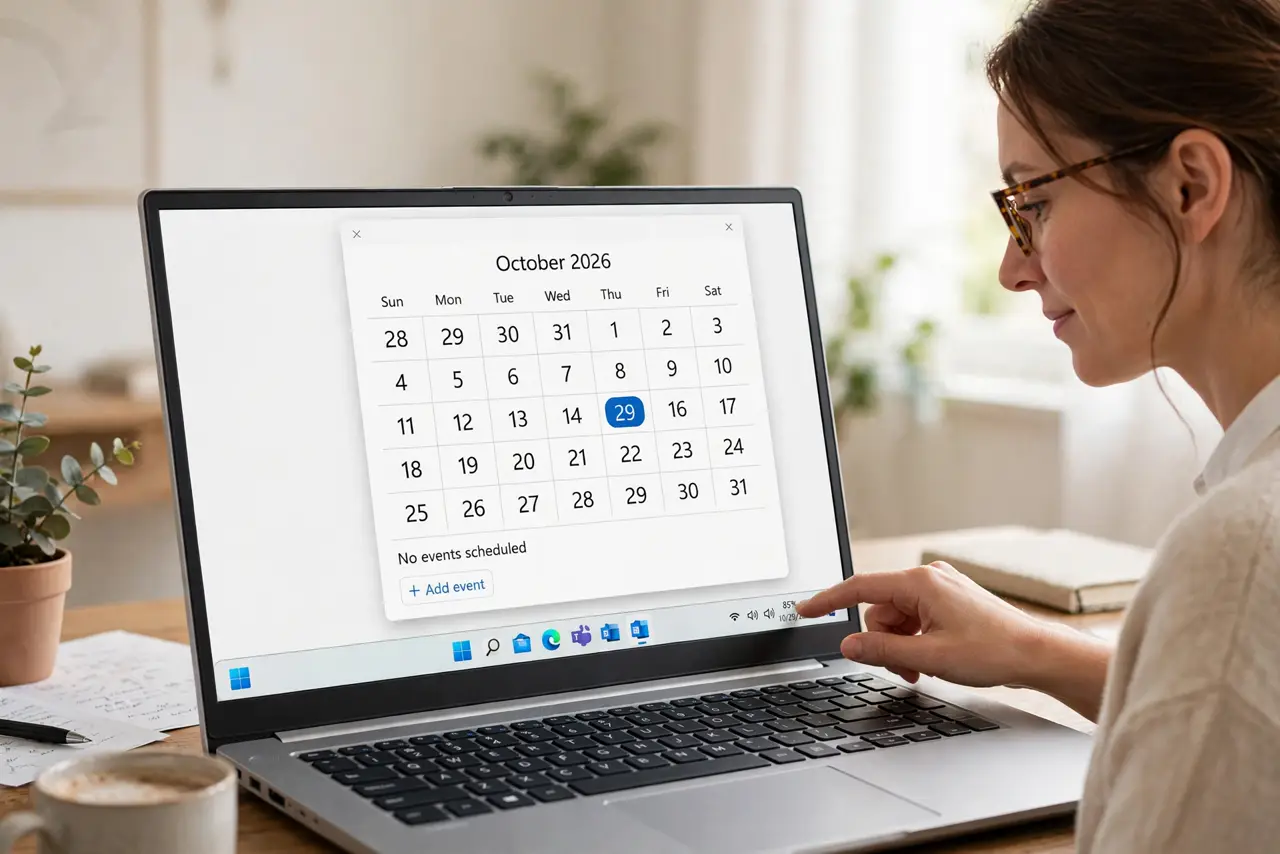Photoreal photo: a person clicking the clock area on a real Windows taskbar, a calendar flyout panel open showing a legible month view, the person's face calm and focused, home office. No black screen, no blank white scr