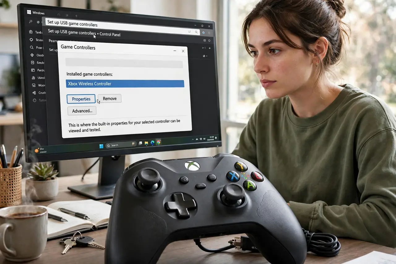 A person performing step 1: Open the controller settings. Search for 'Set up USB game controllers' in Windows and open it. Select your con.
