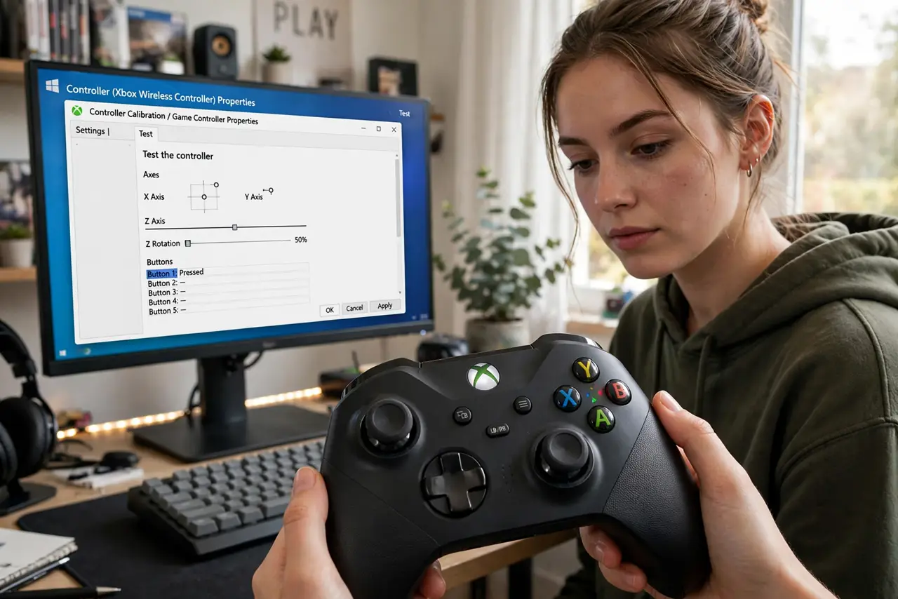 A person holding a real game controller, a real Windows PC monitor in the background showing a legible controller calibration window with test axes, the person's face concentrated,.