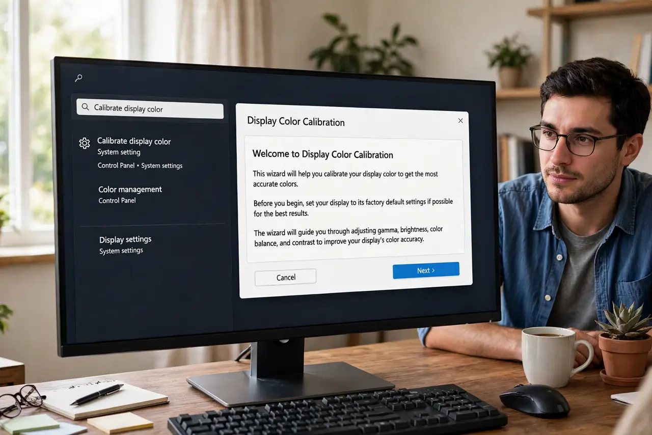 A person performing the first step: Open the calibration wizard. Search Calibrate display color in Start and open it.