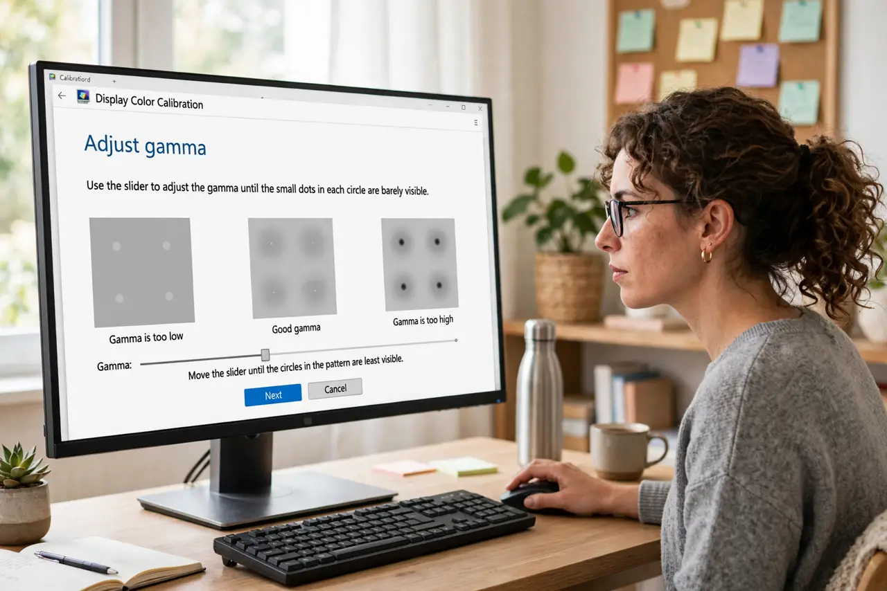 A person adjusting sliders on the real Windows Display Color Calibration wizard with legible text on a desktop monitor,