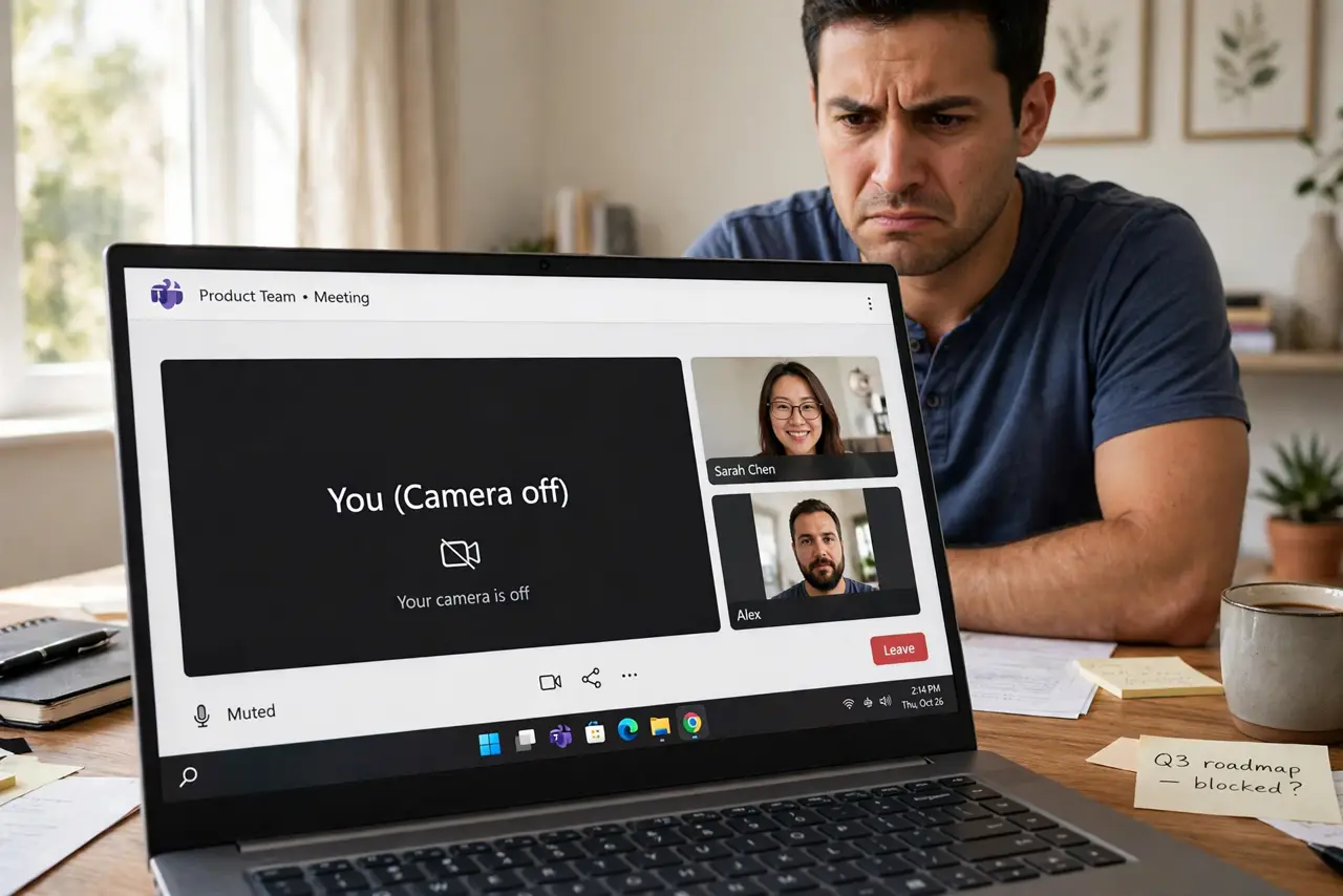 A person looking at a real Windows laptop during a video call with the camera feed showing black, the person's face frustrated, home office.
