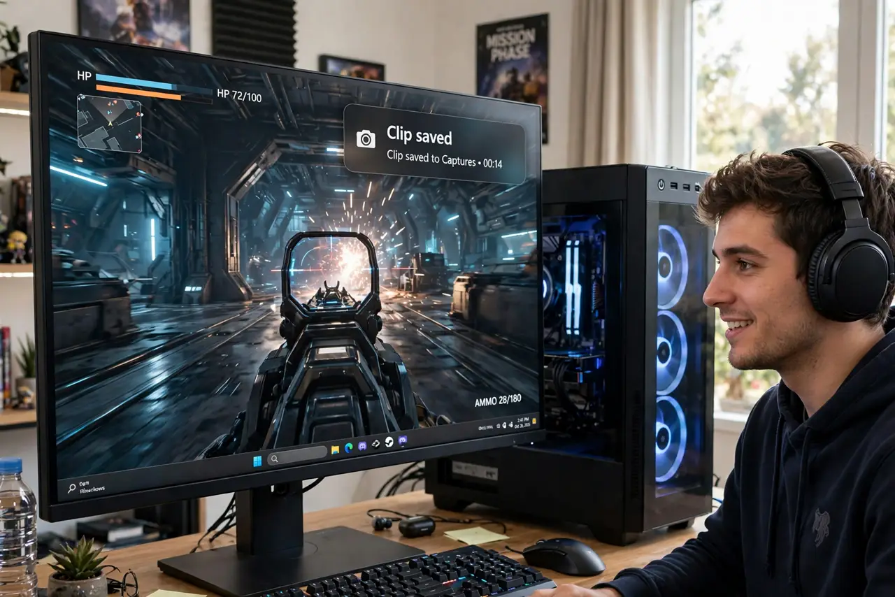 A person gaming on a real Windows PC, the real monitor large in frame showing an exciting game moment with a legible 'clip saved' notification overlay, the person's.