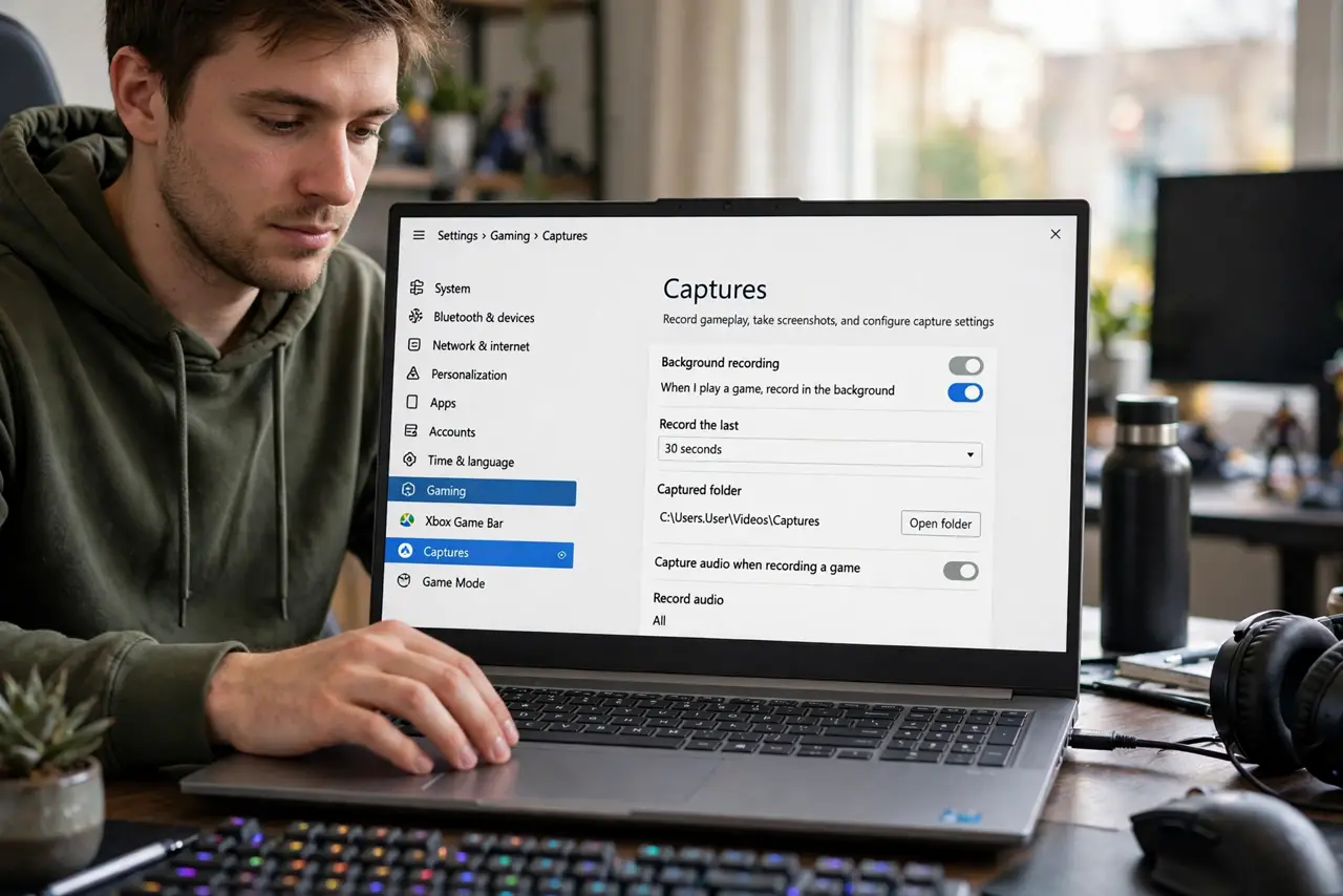Photoreal photo of a person performing the first step: Open the Captures page. Settings, then Gaming, then Captures — this is the control room. Everyt