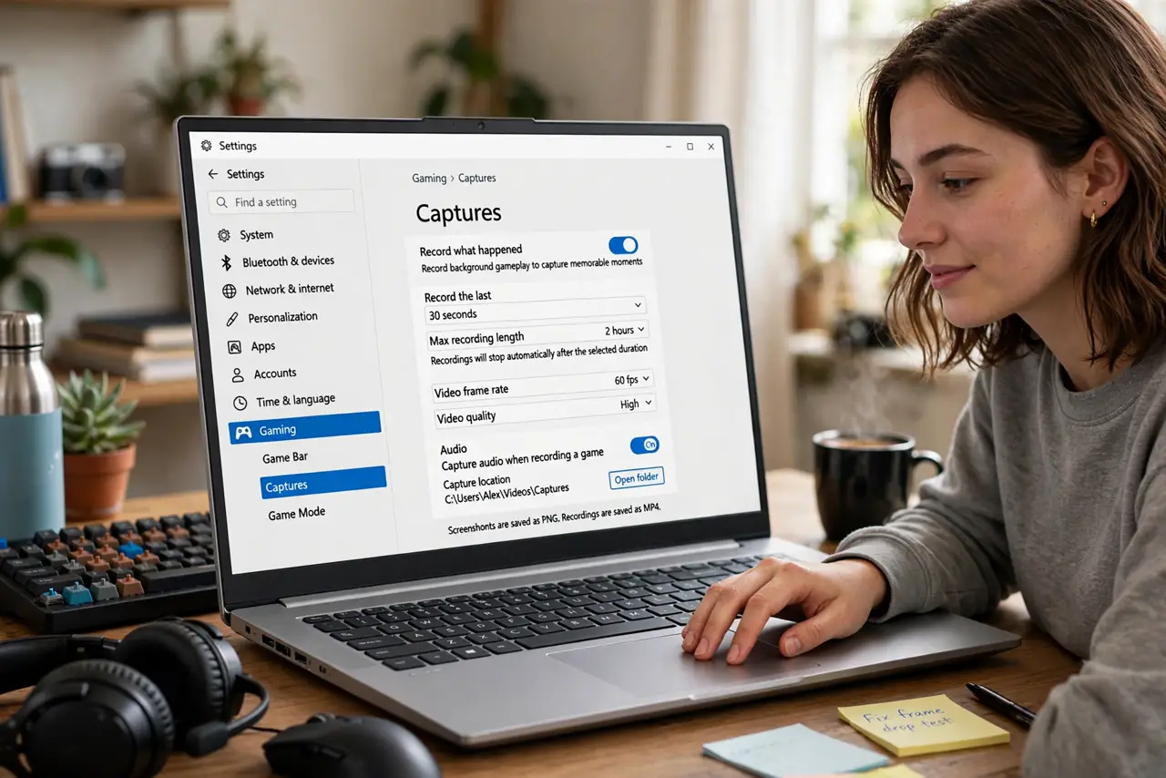 Photoreal photo: a person adjusting real Windows Settings on a real PC showing the legible Gaming Captures settings page, the person's face focused, gaming desk. No black screen, no blank white screen, no fake or garbled screen text.