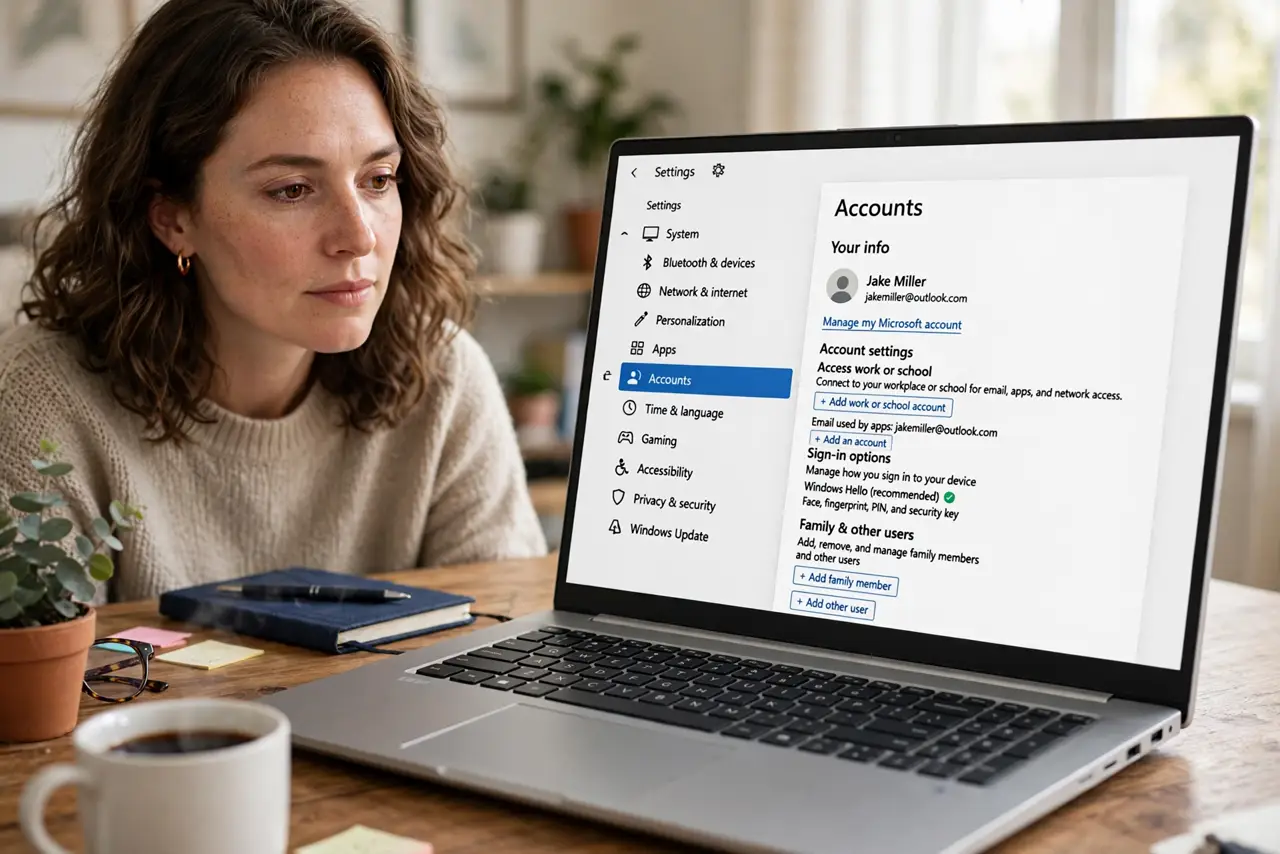 A person looking at a real Windows laptop showing the accounts settings page with legible text, the person's face