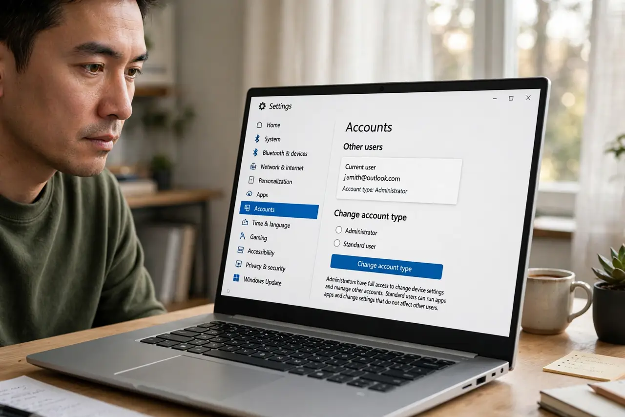 A person looking at account type settings on a real Windows laptop with legible text on screen, the person's face